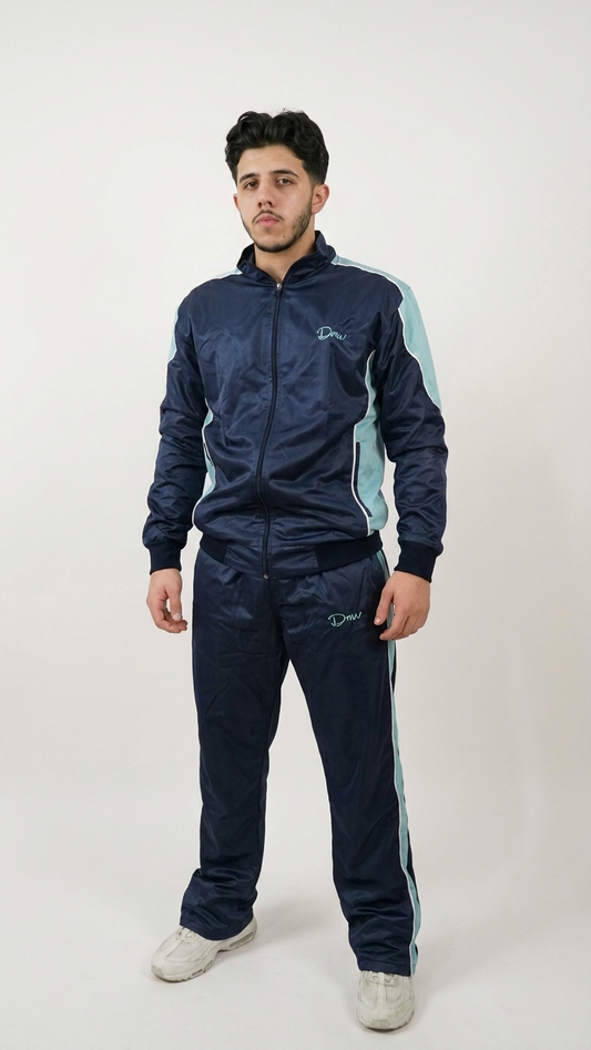 Navy Blue Satin Tracksuit with Sky-Blue Stripes