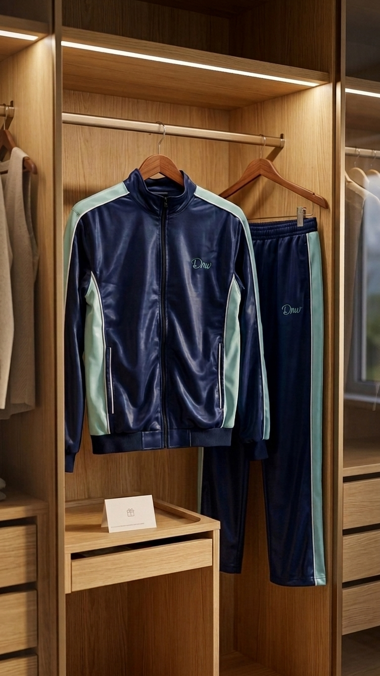 Navy Blue Satin Tracksuit with Sky-Blue Stripes