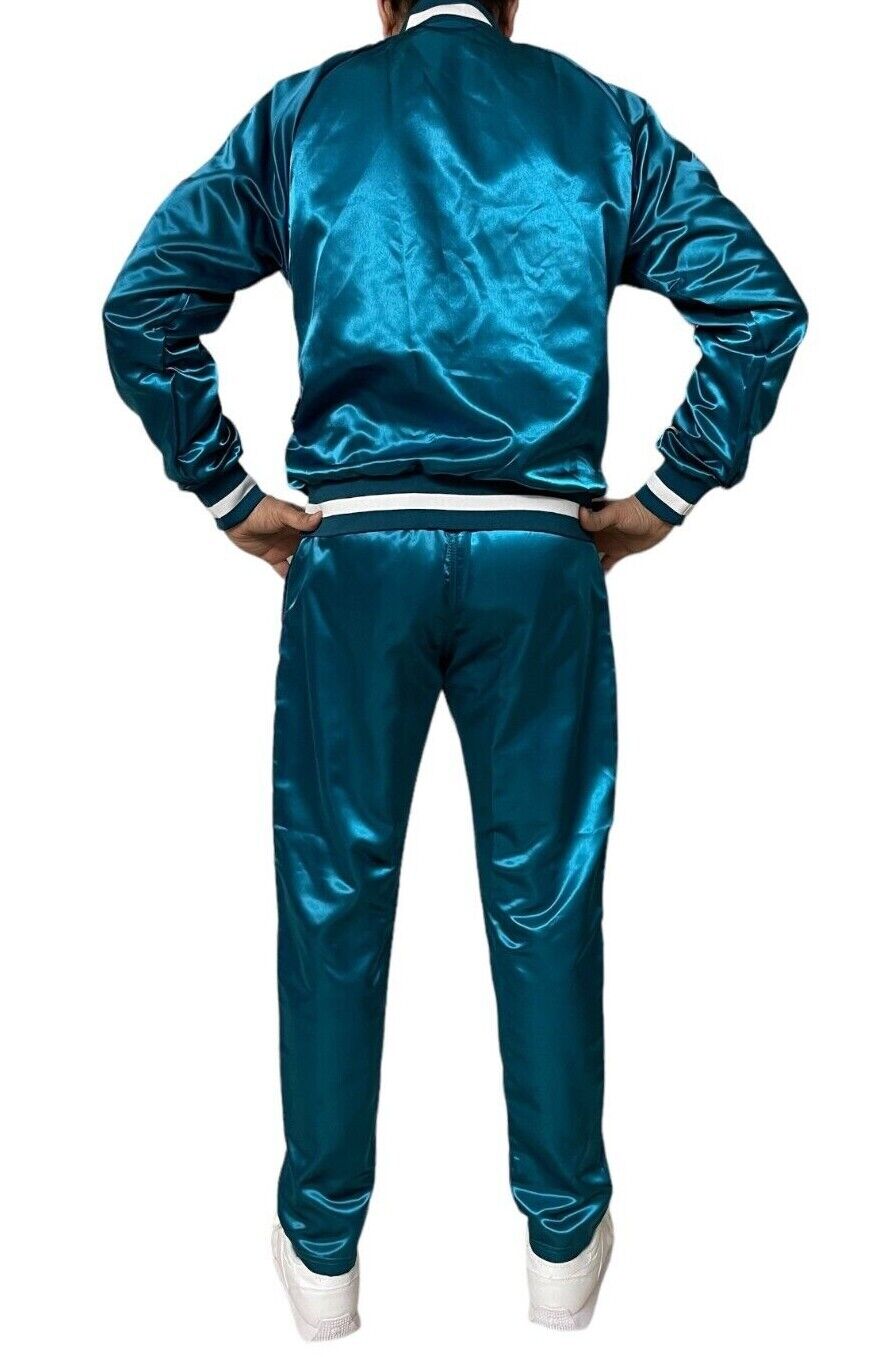 .turquoise Satin Sport Jogging Suit with white Stripes.